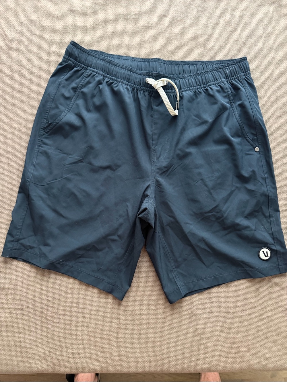 Vuori Men's Dark Navy Athletic Shorts with White Drawstring